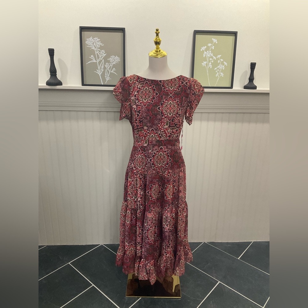Vince Camuto Boho Print Midi Dress w/ Pockets Semi-Sheer Sleeves – Size 8 NWT - Picture 2 of 5